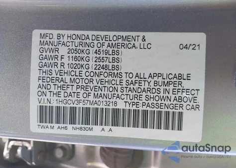 2021 Honda Accord Hybrid Ex-L from USA, damaged, VIN 1HGCV3F57MA013218